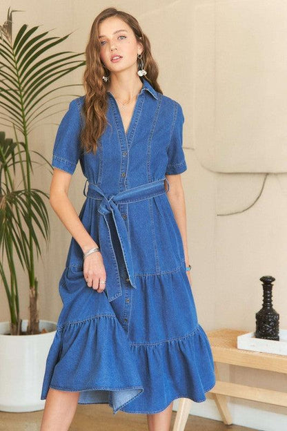 ADORA Tiered Button Down Tie Waist Short Sleeve Denim Dress - Bkonfec. Store Fashion