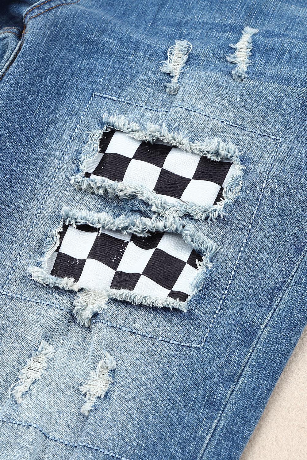 Baeful Checkered Patchwork Mid Waist Distressed Jeans - Bkonfec. Store Fashion