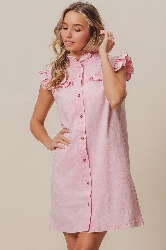 BiBi Washed Button Down Ruffled Cap Sleeve Denim Dress - Bkonfec. Store Fashion