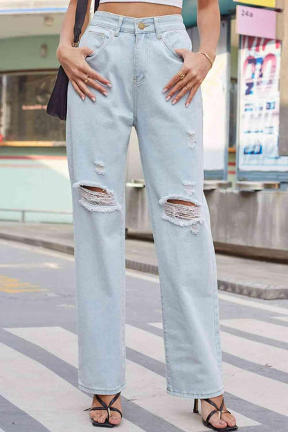 Baeful Distressed Straight Leg Jeans with Pockets - Bkonfec. Store Fashion