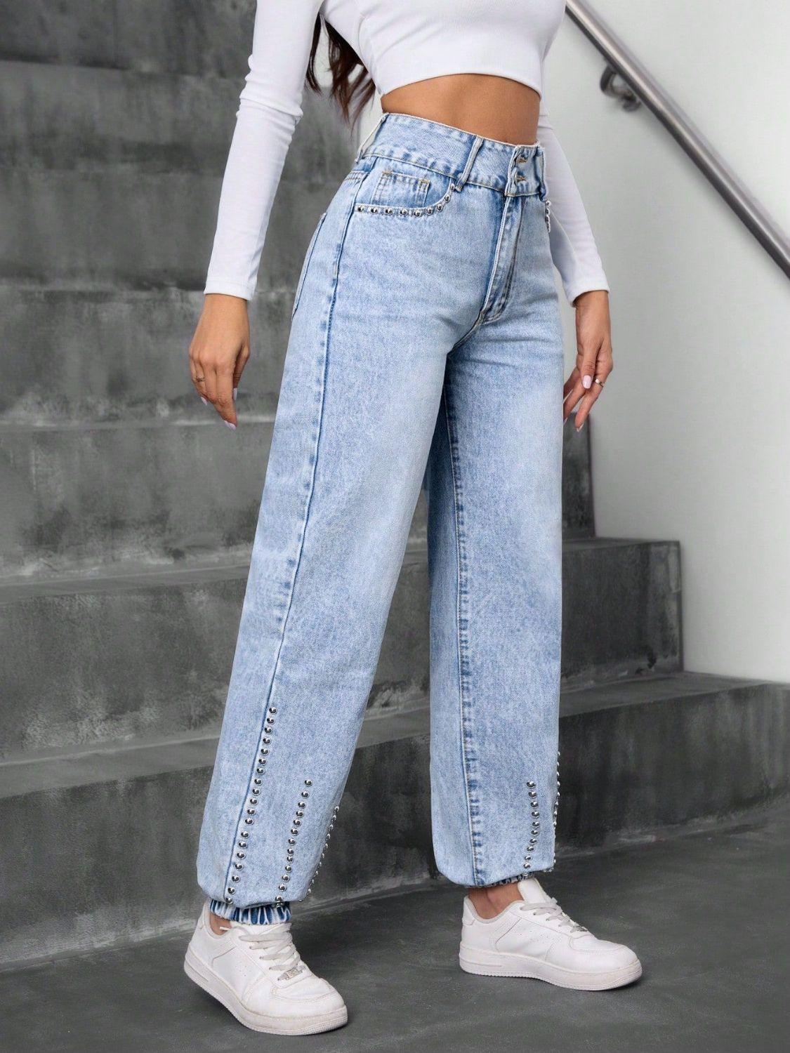 Studded High Waist Jeans - Bkonfec. Store Fashion