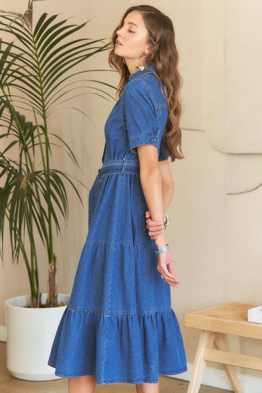 ADORA Tiered Button Down Tie Waist Short Sleeve Denim Dress - Bkonfec. Store Fashion