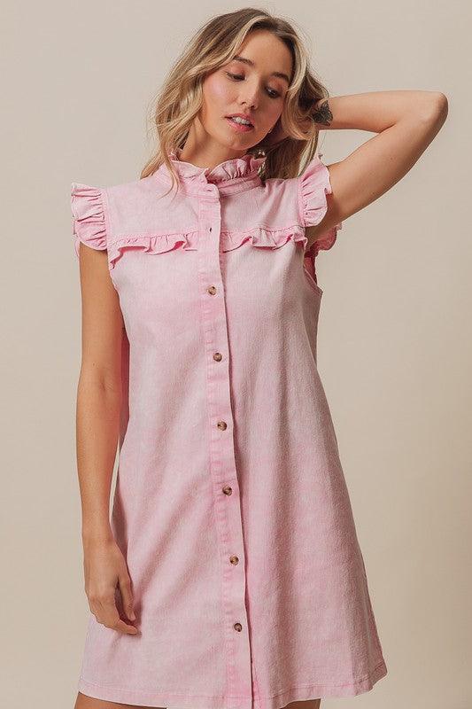 BiBi Washed Button Down Ruffled Cap Sleeve Denim Dress - Bkonfec. Store Fashion