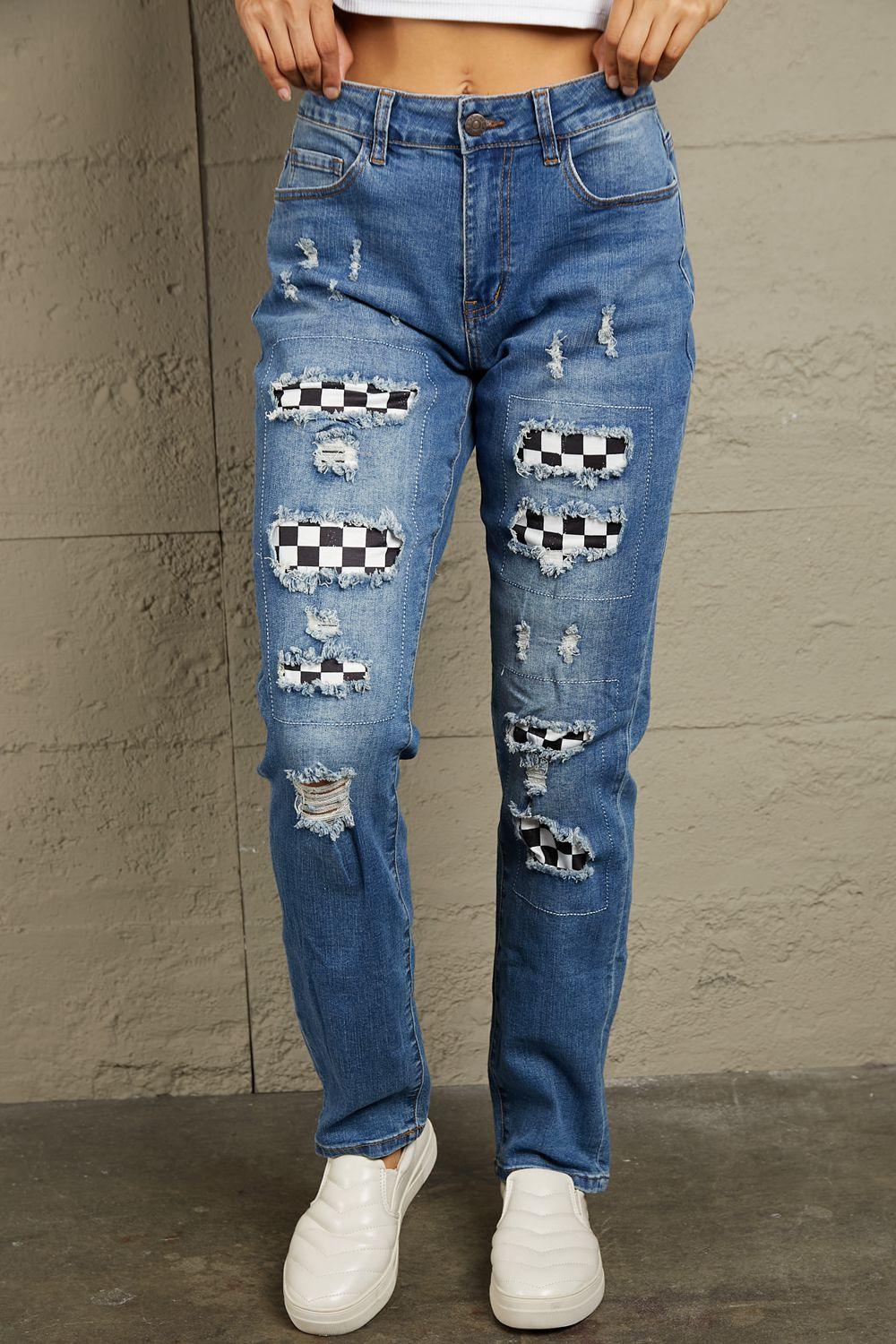 Baeful Checkered Patchwork Mid Waist Distressed Jeans - Bkonfec. Store Fashion