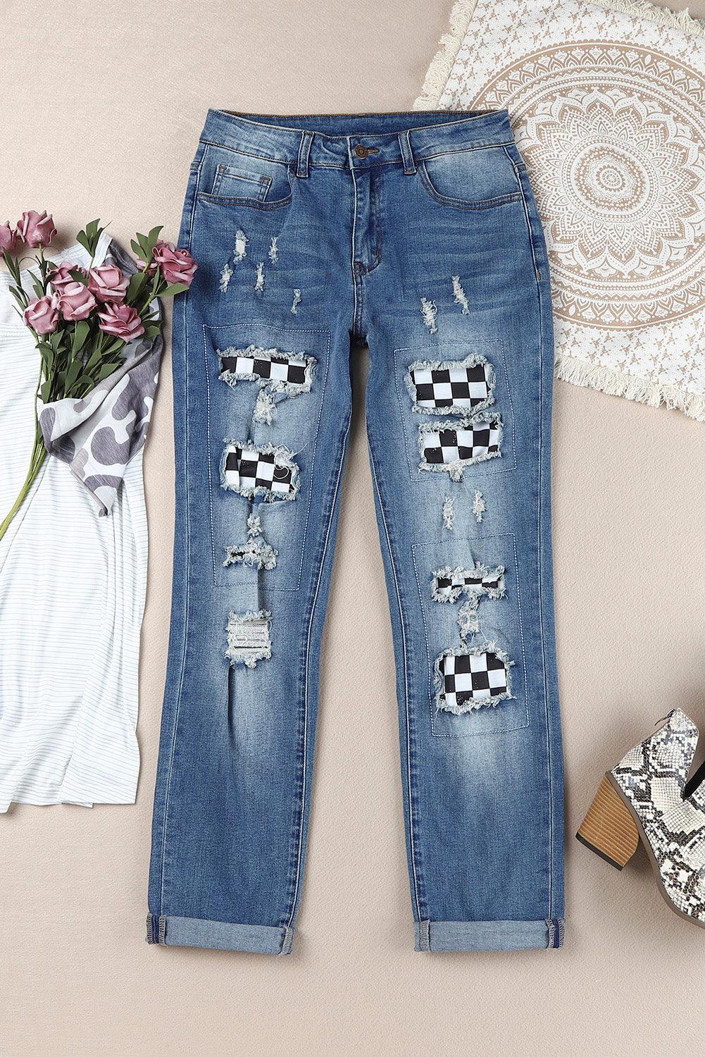 Baeful Checkered Patchwork Mid Waist Distressed Jeans - Bkonfec. Store Fashion