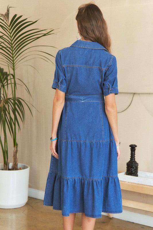 ADORA Tiered Button Down Tie Waist Short Sleeve Denim Dress - Bkonfec. Store Fashion