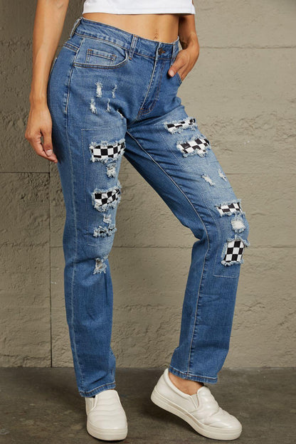 Baeful Checkered Patchwork Mid Waist Distressed Jeans - Bkonfec. Store Fashion