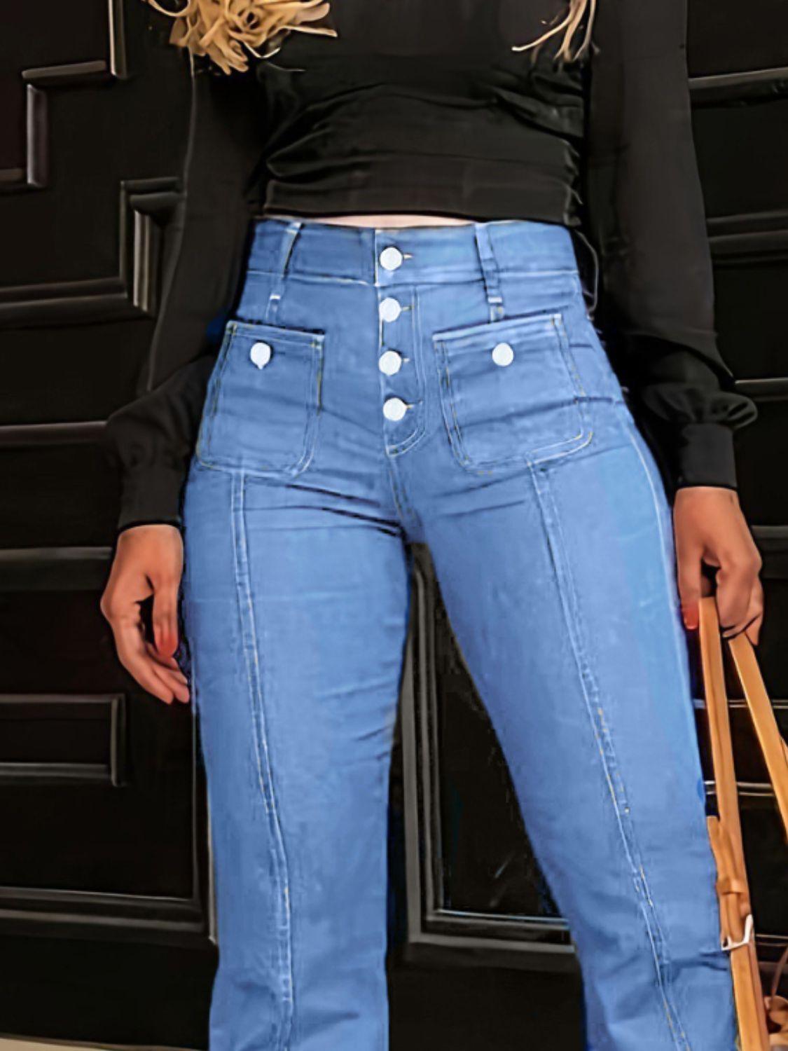 Button Fly High Waist Flare Jeans - Bkonfec. Store Fashion