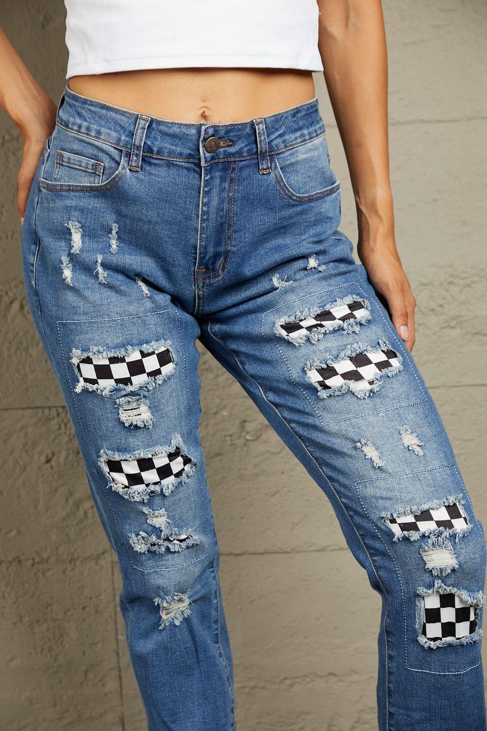 Baeful Checkered Patchwork Mid Waist Distressed Jeans - Bkonfec. Store Fashion