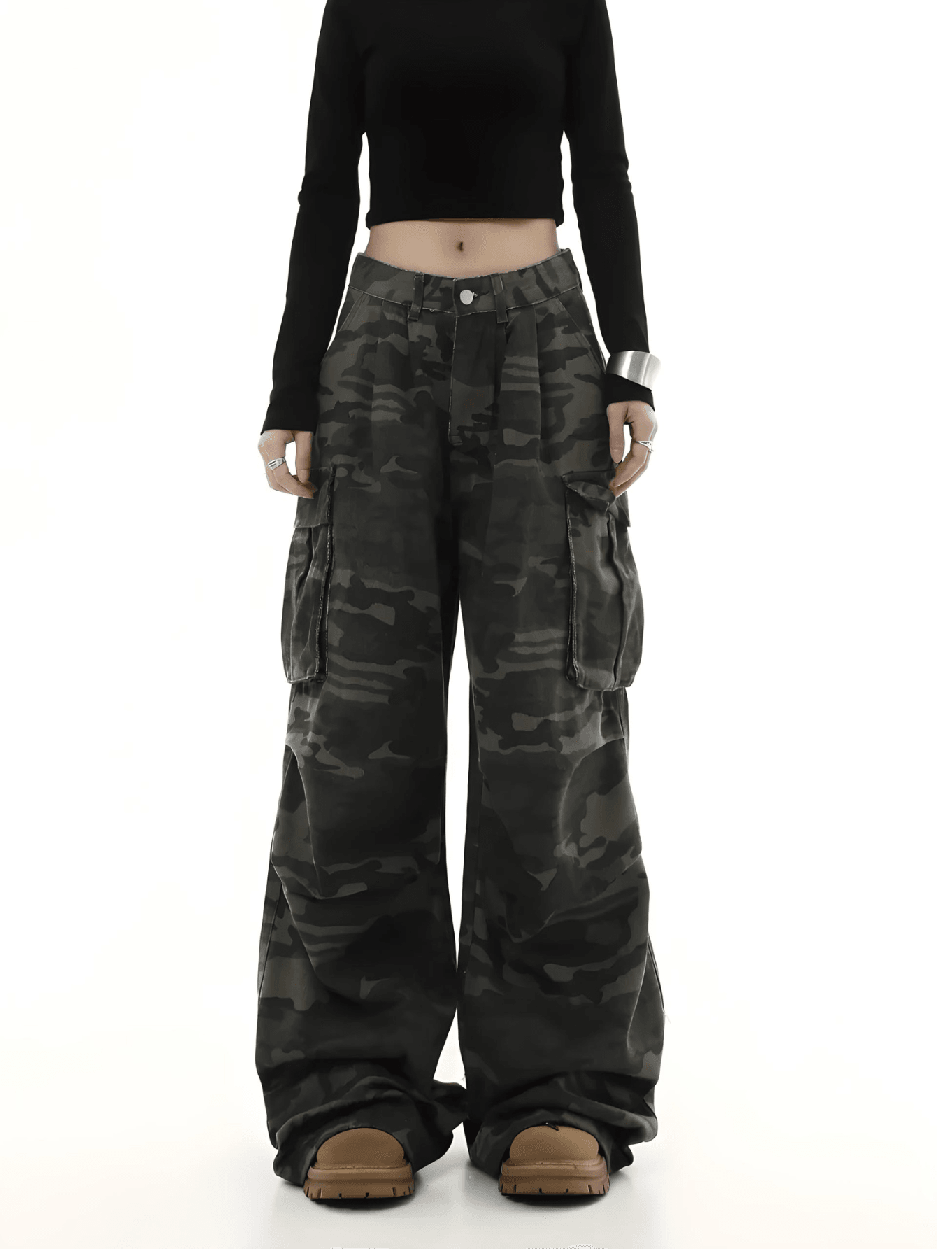 Y2K Camo Cargo Pants for Women - Low-Rise Wide-Leg Streetwear Jeans | Retro 2000s Harajuku Style" - Bkonfec. Store Fashion