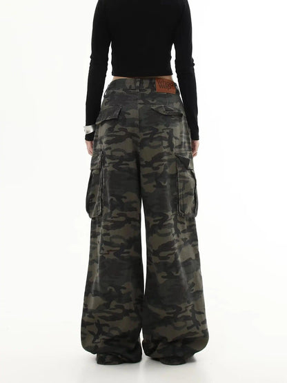 Y2K Camo Cargo Pants for Women - Low-Rise Wide-Leg Streetwear Jeans | Retro 2000s Harajuku Style" - Bkonfec. Store Fashion