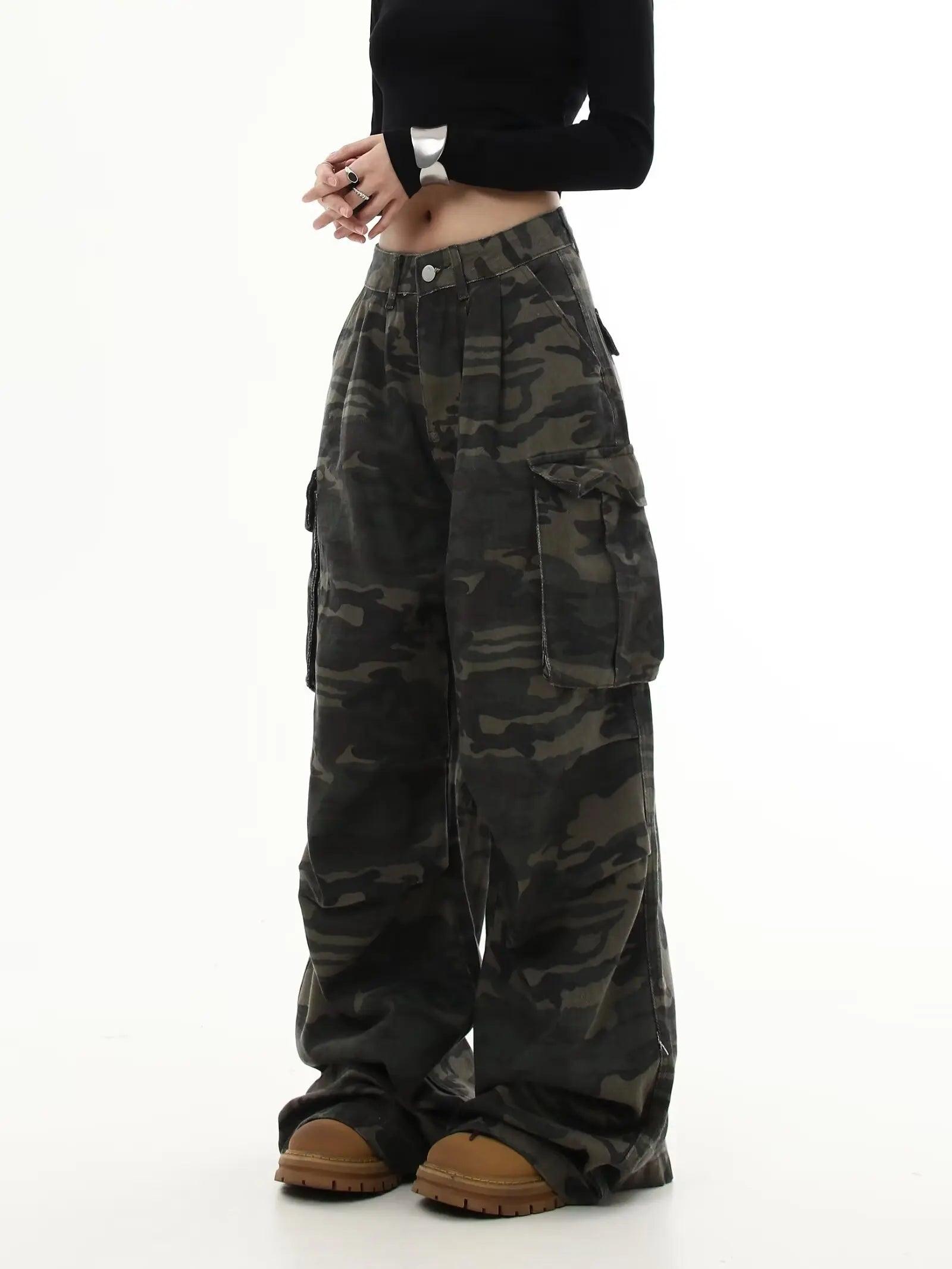 Y2K Camo Cargo Pants for Women - Low-Rise Wide-Leg Streetwear Jeans | Retro 2000s Harajuku Style" - Bkonfec. Store Fashion