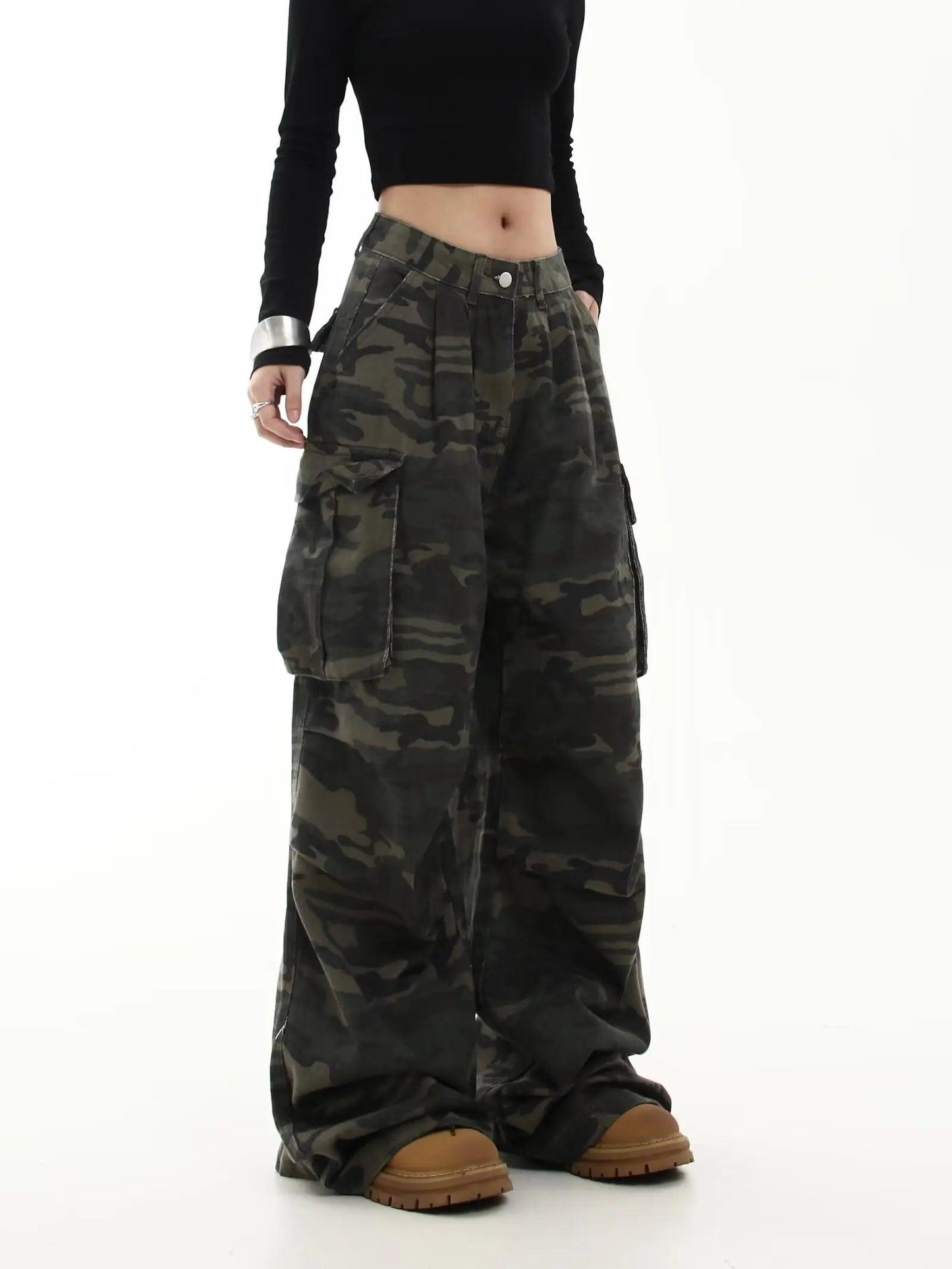 Y2K Camo Cargo Pants for Women - Low-Rise Wide-Leg Streetwear Jeans | Retro 2000s Harajuku Style" - Bkonfec. Store Fashion