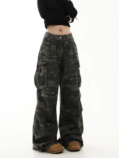 Y2K Camo Cargo Pants for Women - Low-Rise Wide-Leg Streetwear Jeans | Retro 2000s Harajuku Style" - Bkonfec. Store Fashion