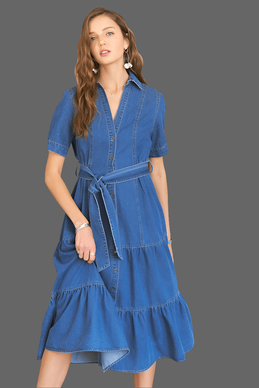 ADORA Tiered Button Down Tie Waist Short Sleeve Denim Dress - Bkonfec. Store Fashion