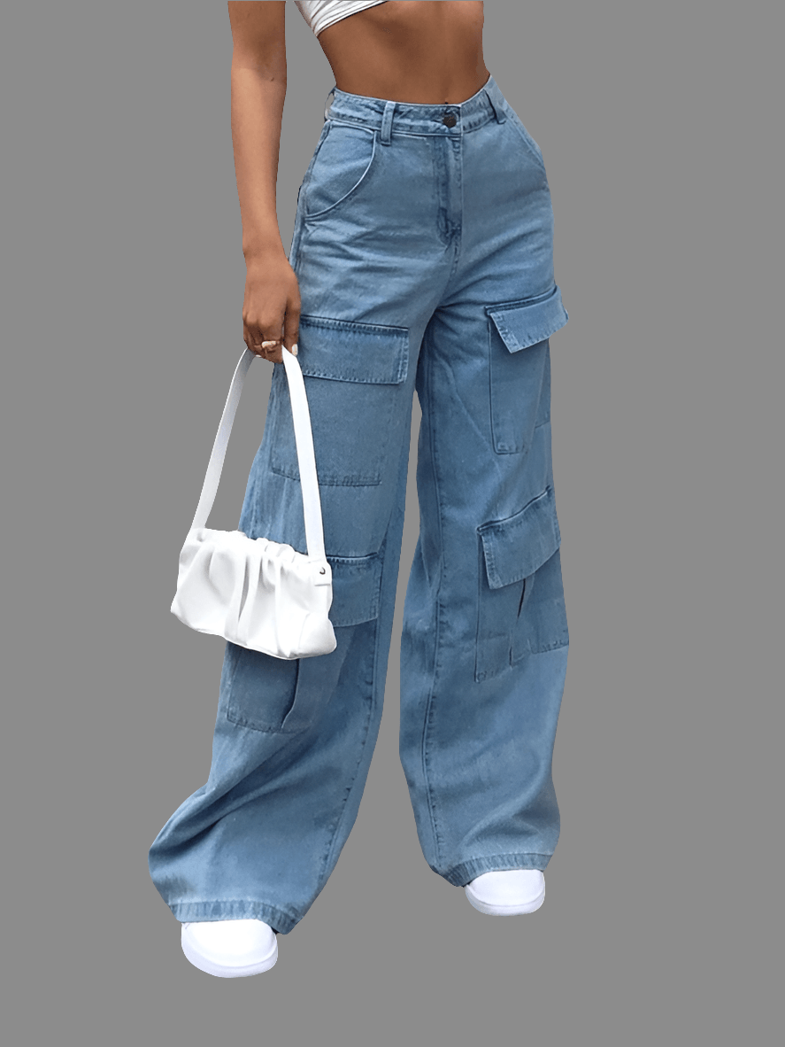 Women's Loose Fit Denim Cargo Pants with Multiple Pockets - Bkonfec. Store Fashion