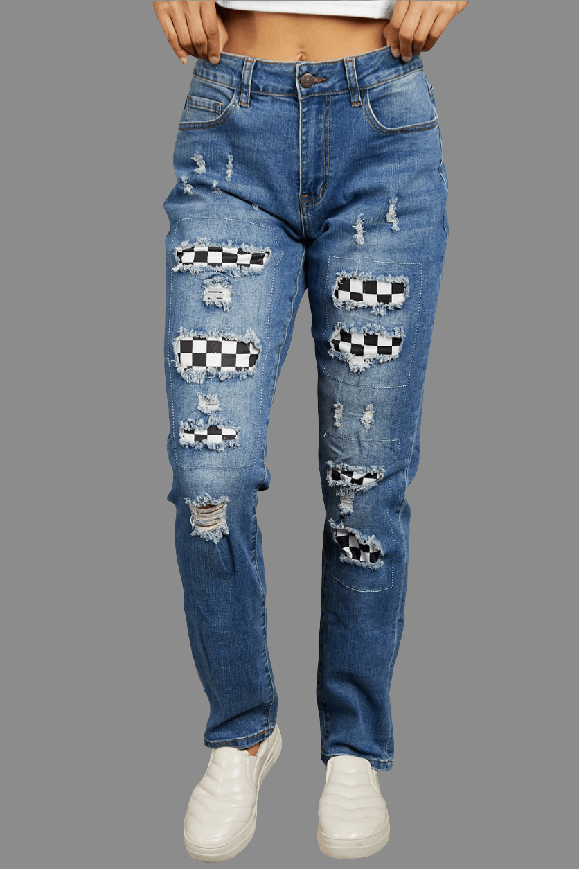 Baeful Checkered Patchwork Mid Waist Distressed Jeans - Bkonfec. Store Fashion