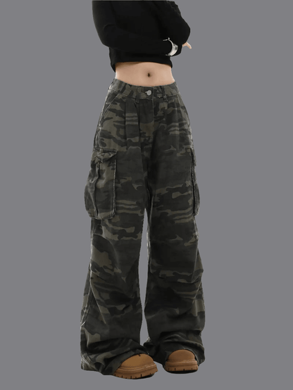 Y2K Camo Cargo Pants for Women - Low-Rise Wide-Leg Streetwear Jeans | Retro 2000s Harajuku Style" - Bkonfec. Store Fashion