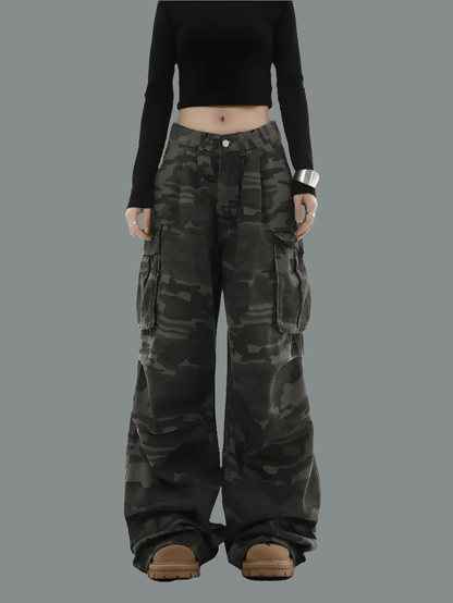 Y2K Camo Cargo Pants for Women - Low-Rise Wide-Leg Streetwear Jeans | Retro 2000s Harajuku Style" - Bkonfec. Store Fashion