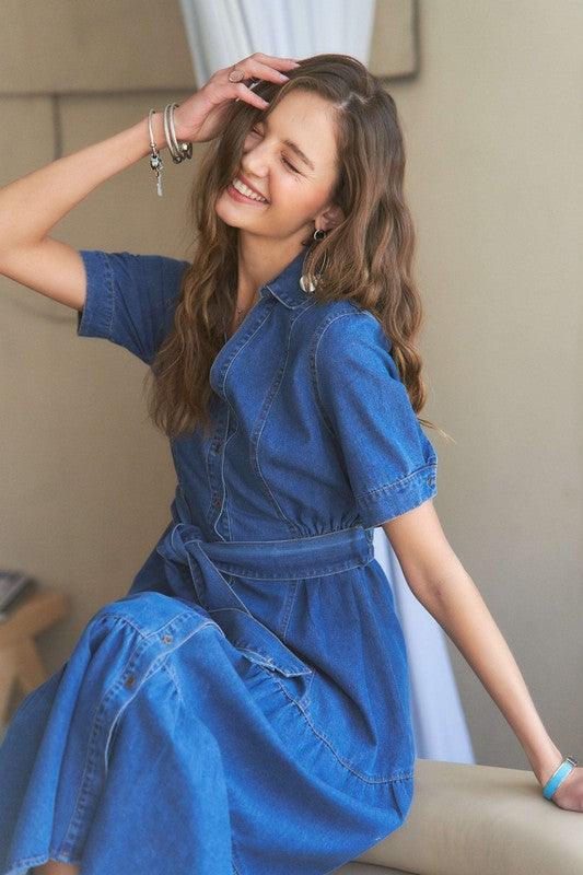 ADORA Tiered Button Down Tie Waist Short Sleeve Denim Dress - Bkonfec. Store Fashion