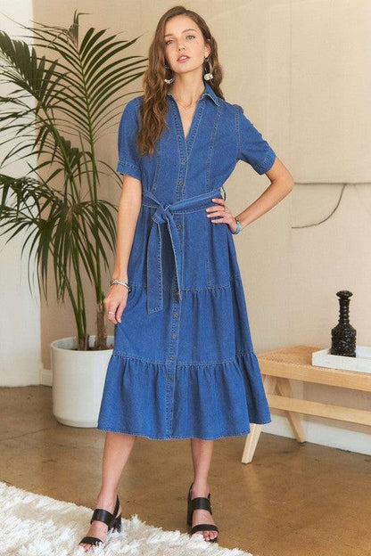 ADORA Tiered Button Down Tie Waist Short Sleeve Denim Dress - Bkonfec. Store Fashion