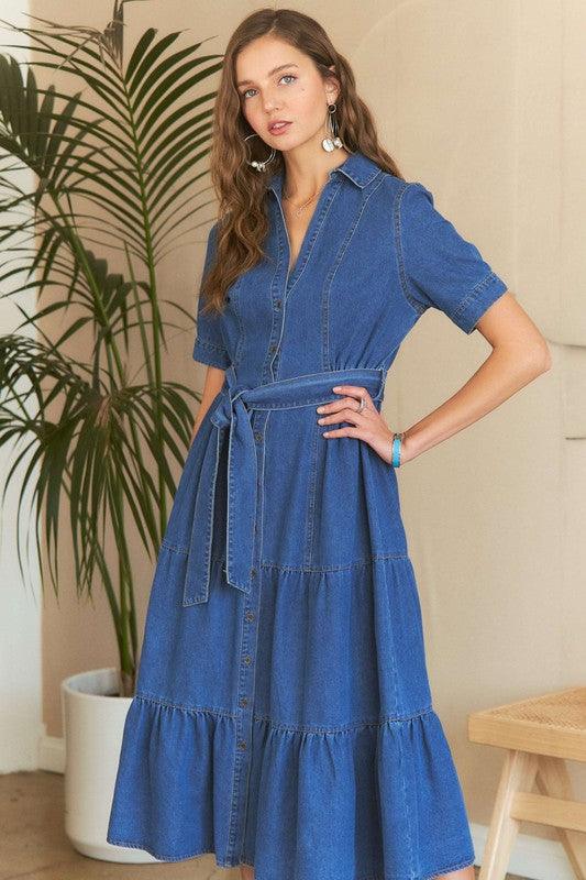 ADORA Tiered Button Down Tie Waist Short Sleeve Denim Dress - Bkonfec. Store Fashion