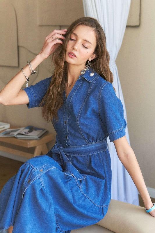 ADORA Tiered Button Down Tie Waist Short Sleeve Denim Dress - Bkonfec. Store Fashion