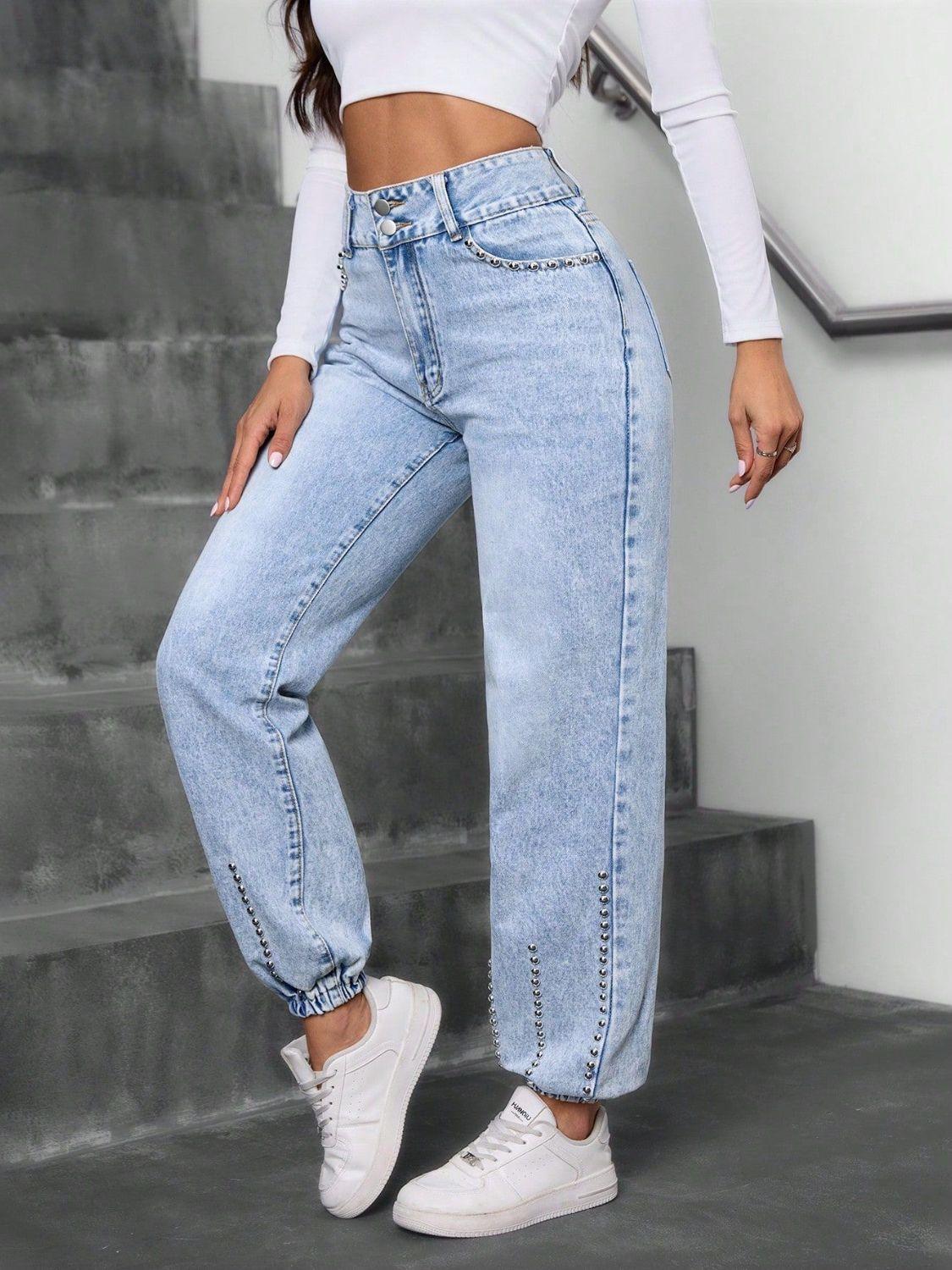 Studded High Waist Jeans - Bkonfec. Store Fashion