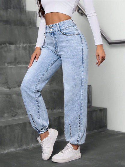 Studded High Waist Jeans - Bkonfec. Store Fashion