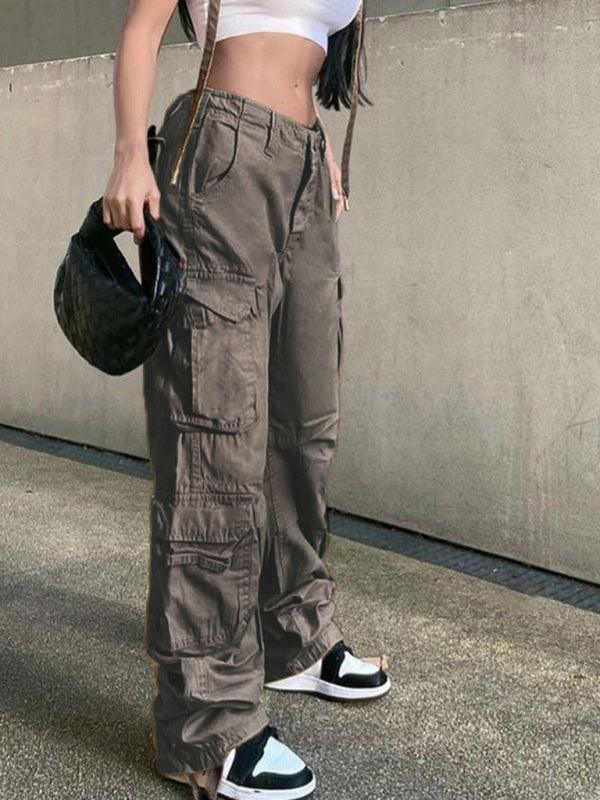 Women's Straight High Waist Loose Wide Leg Retro Daddy Cargo Pants - Bkonfec. Store Fashion