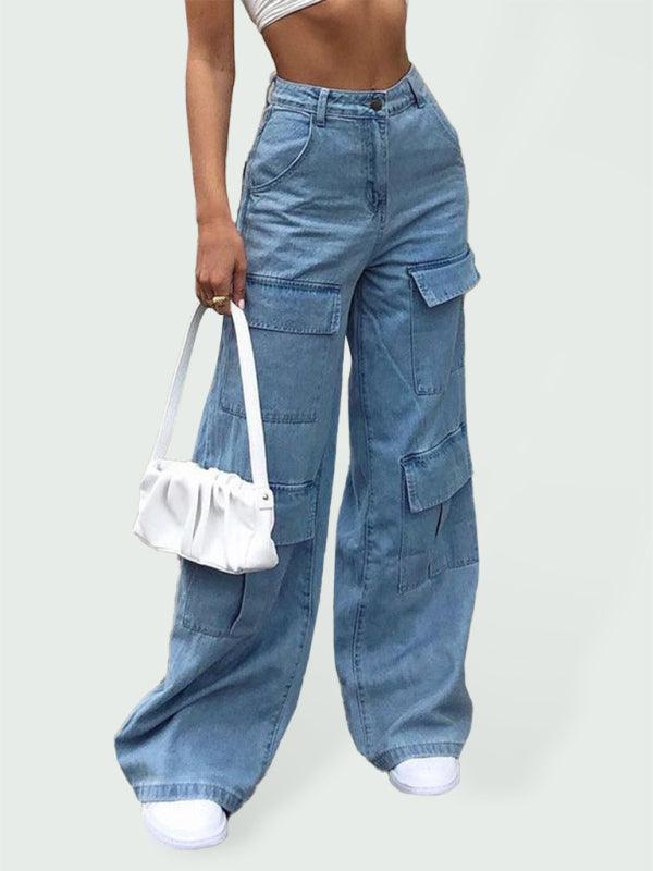 Women's Loose Fit Denim Cargo Pants with Multiple Pockets - Bkonfec. Store Fashion