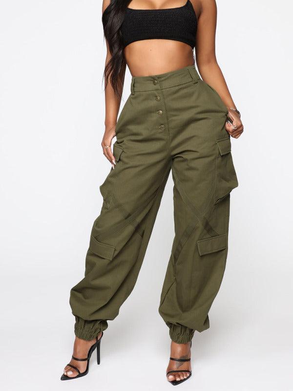 Women's Casual Straight-Leg Cargo Trousers with Multi Pockets & Button Fly - Bkonfec. Store Fashion